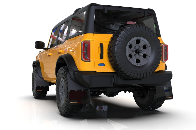 Rally Armor 21-22 Ford Bronco (Plstc Bmpr + RR - NO Rptr/Sprt) Blk Mud Flap w/Met. Blk Logo MF85-RR-PL-MBK