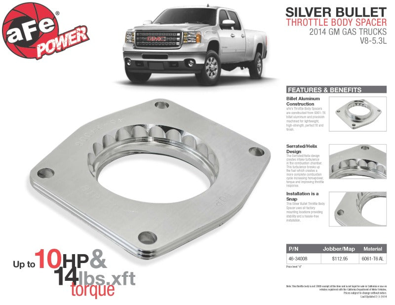 aFe Silver Bullet Throttle Body Spacers TBS 2014 GM Silverado/Sierra 1500 V8 5.3L 46-34008