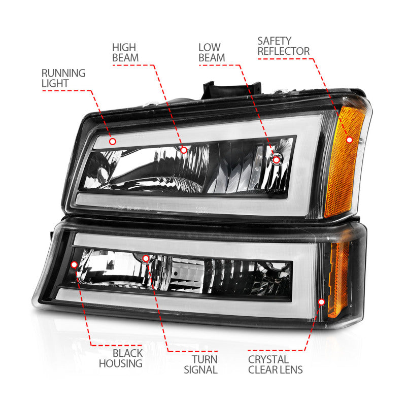 ANZO 2003-2006 Chevrolet Silverado 1500 Crystal Headlights w/ Light Bar Black Housing 111501