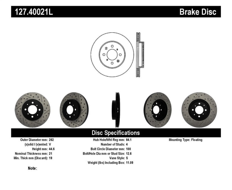 StopTech 90-01 Acura Integra (exc. Type R) / 01-05 Honda Civic / 07+ Honda Fit / 93-97 Del Sol VTEC 127.40021L