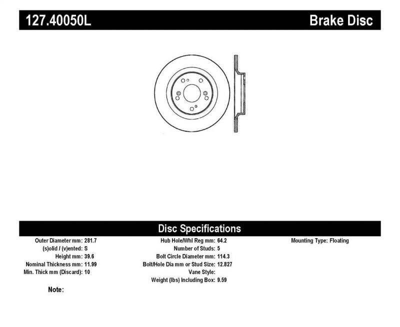 StopTech 00-09 S2000 Slotted & Drilled Left Rear Rotor 127.40050L