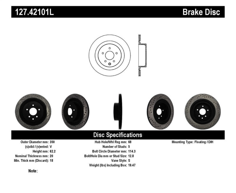 StopTech Infiniti G37 / Nissan 370Z SportStop Slotted & Drilled Rear Left Rotor 127.42101L