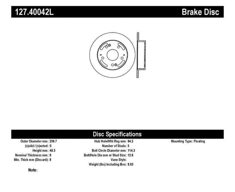 StopTech 02-06 Acura RSX Incl. Type S / 97-01 Integra Type R Slotted & Drilled Left Rear Rotor 127.40042L