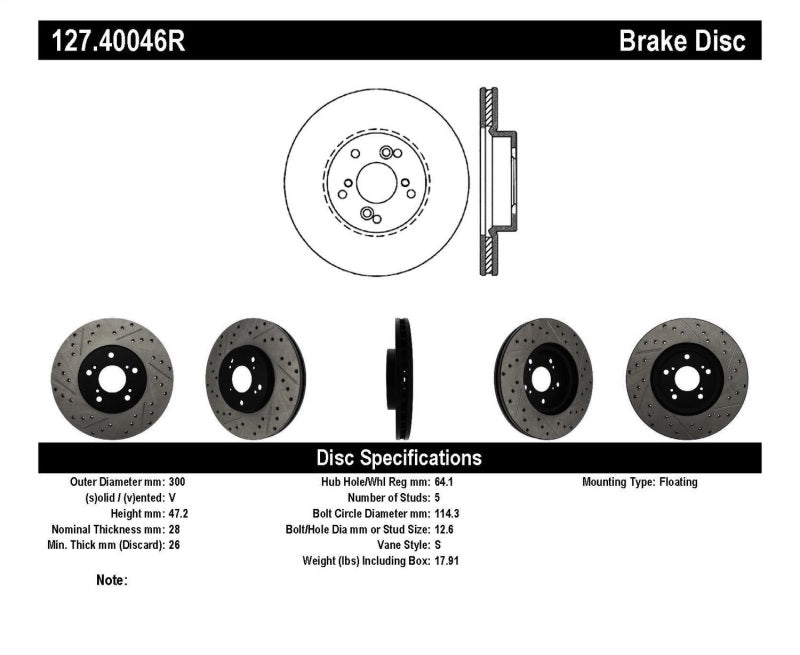 StopTech Nissan 370Z / 01-03 Acura CL / 06 EL / 04-09 TSX / 03-07 Honda Accord Coupe M/T / 05-08 Se 127.40046R