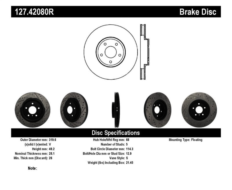 StopTech 06-07 350Z / 05-07 G35 exp Sport/ 06-07 G35X SportStop Slotted & Drilled Front Right Rotor 127.42080R