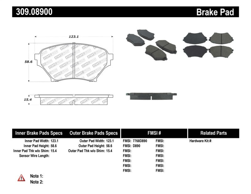 StopTech Performance 01-05 Miata w/ Sport Suspension Front Brake Pads D890 309.089