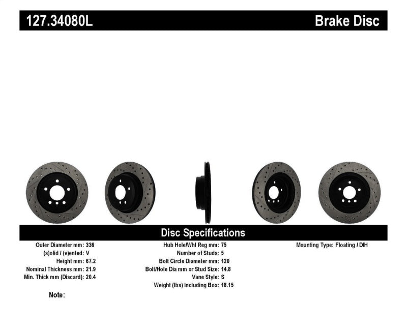 StopTech 06 BMW 330 / 07-09 BMW 335 Slotted & Drilled Left Rear Rotor 127.34080L