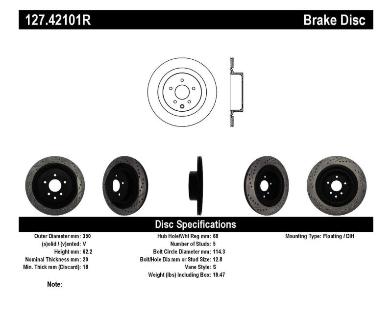 StopTech Infiniti G37 / Nissan 370Z SportStop Slotted & Drilled Rear Right Rotor 127.42101R