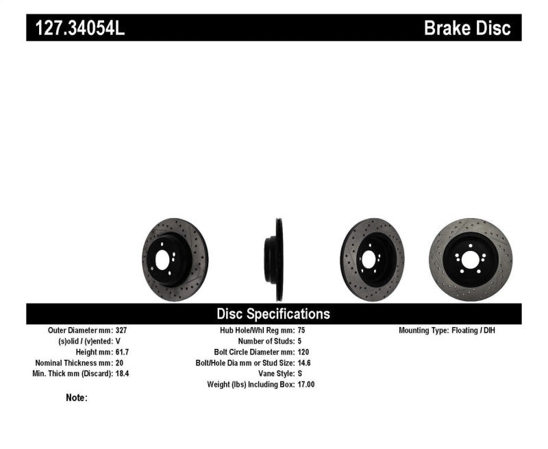 StopTech 00-03 BMW M5 (E39) Slotted & Drilled Left Rear Rotor 127.34054L