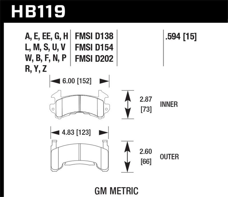 Hawk GM Metric DTC-70 Race Brake Pads w/.0594 Thickness KHB119U.594