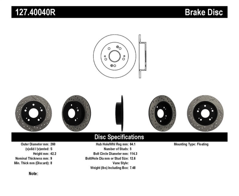 StopTech 06-09 Honda Civic Ex/Si Slotted & Drilled Right Rear Rotor 127.40040R