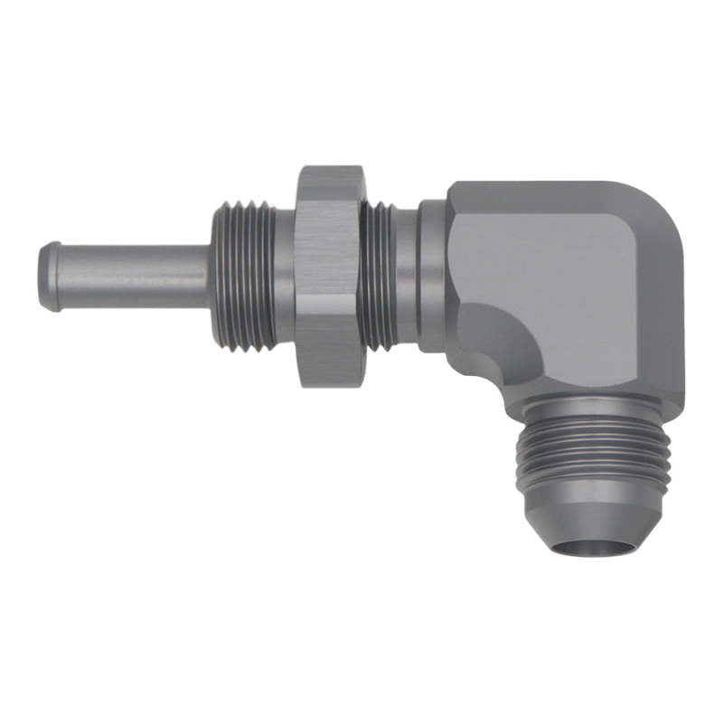 DeatschWerks 8AN Male Flare To 5/16in. Male Barb Bulkhead Adapter 90-Degree (Incl. Nut) 06-02-0713