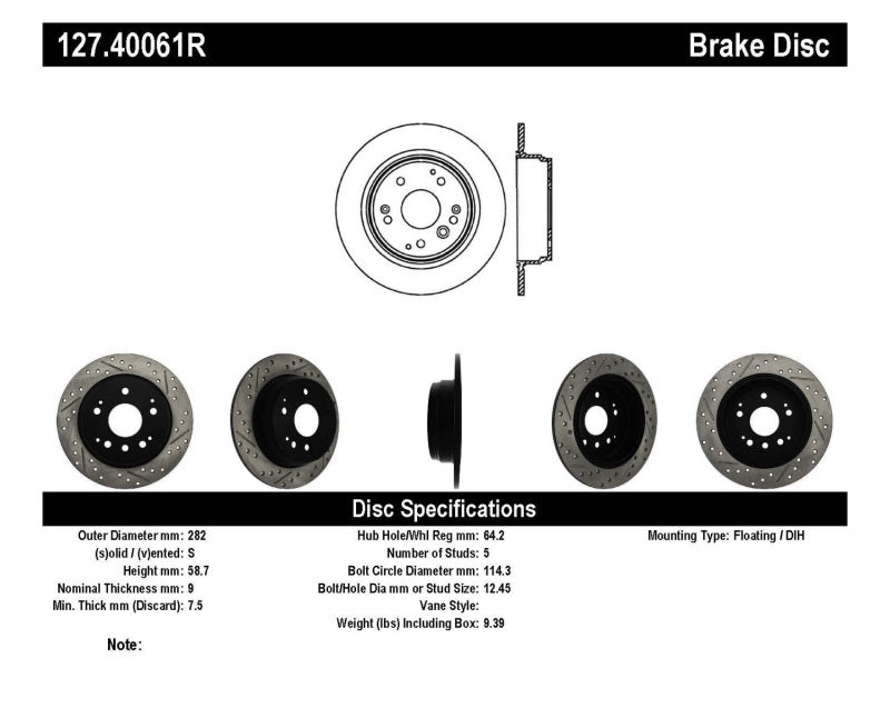 StopTech 04-08 Acura TL / 03-09 honda Element Slotted & Drilled Right Rear Rotor 127.40061R