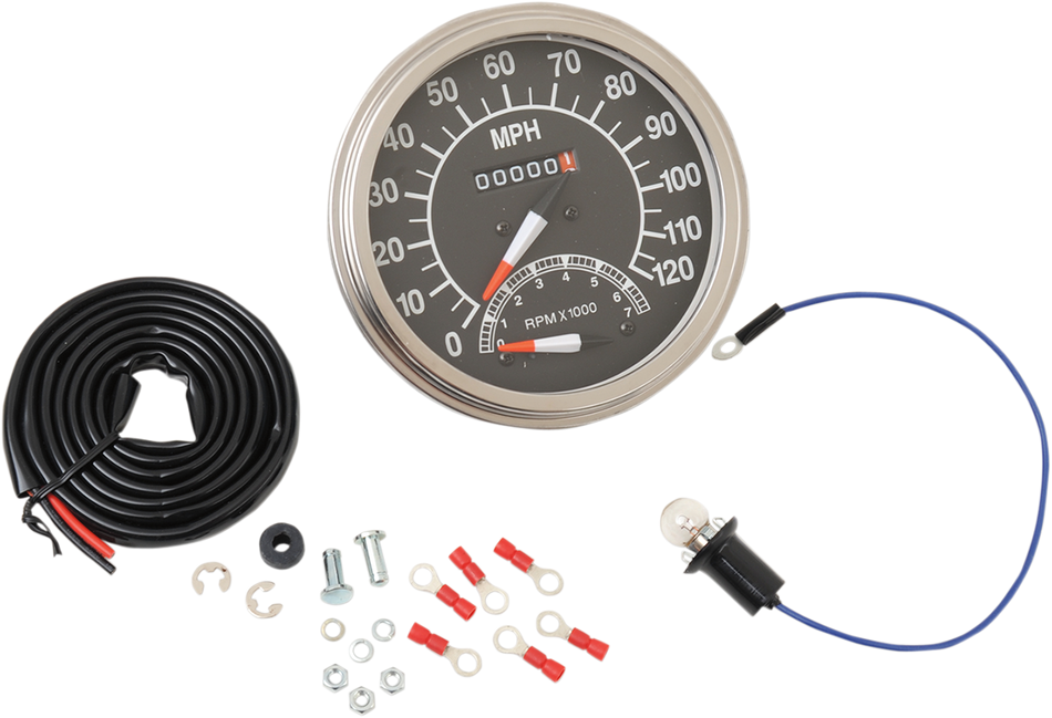 DRAG SPECIALTIES 5" MPH FL-Style 1:1 Tachometer mit Drehzahlmesser - '68-'84 Schwarzes Zifferblatt KEIN RESET-KNOPF 71478M 