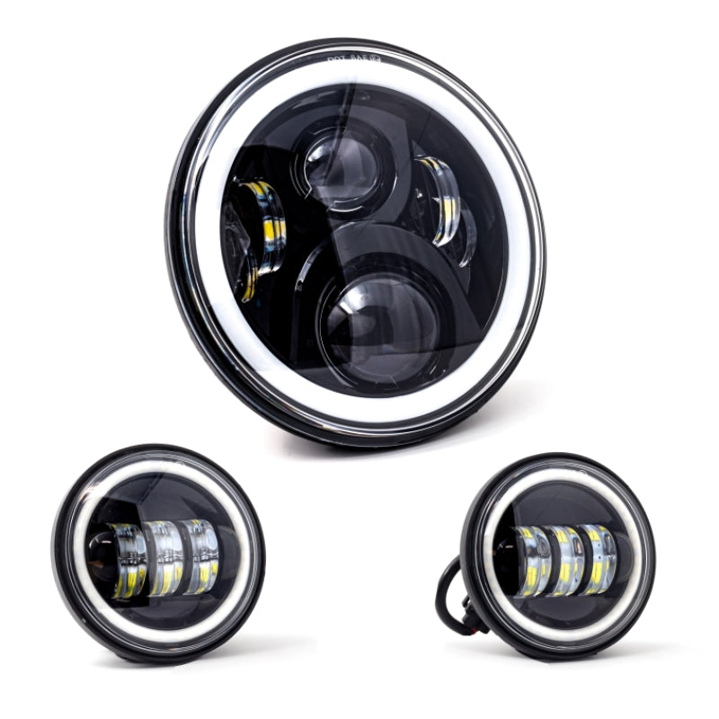 Letric Lighting 7? Full-Halo Black LED Headlight with (2) 4.5? Full-Halo Black Passing Lamps LLC-LHK-7BH