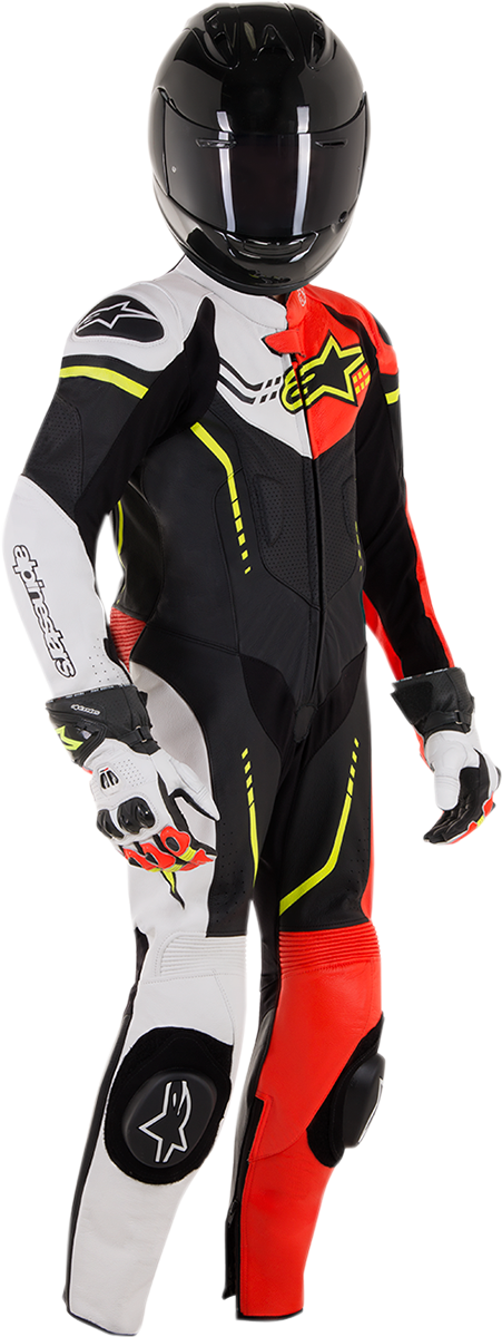 ALPINESTARS Youth GP Plus 1-teiliger Lederanzug - Schwarz/Weiß/Rot fluoreszierend/Gelb fluoreszierend - US 24 / EU 130 31405181236130