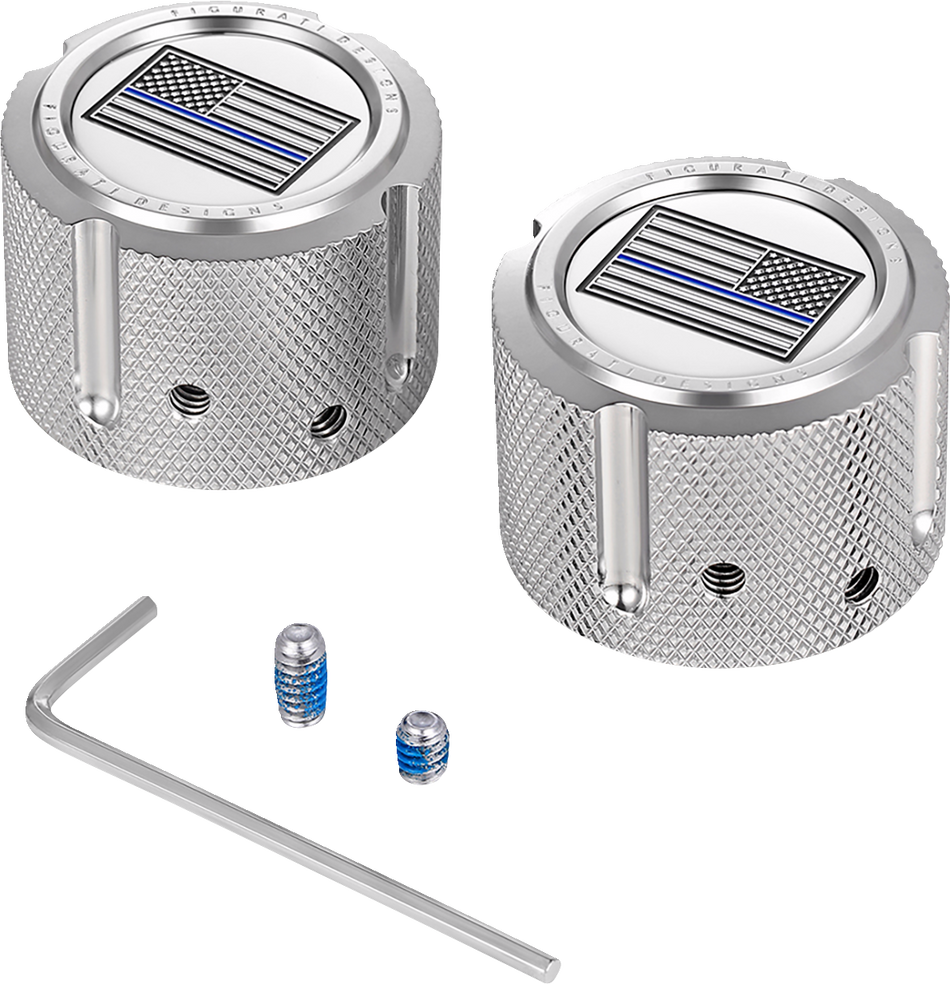 FIGURATI DESIGNS Front Axle Nut Cover - Stainless Steel - Blue Line Flag FD70-FAC-SS