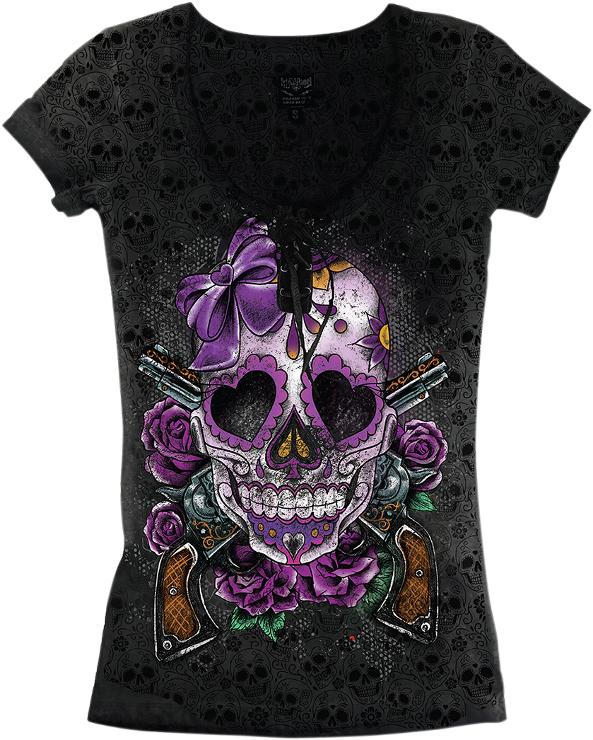 LETHAL THREAT Damen-T-Shirt „Day of the Dead“ mit Pistole, Größe S, LA20612S 