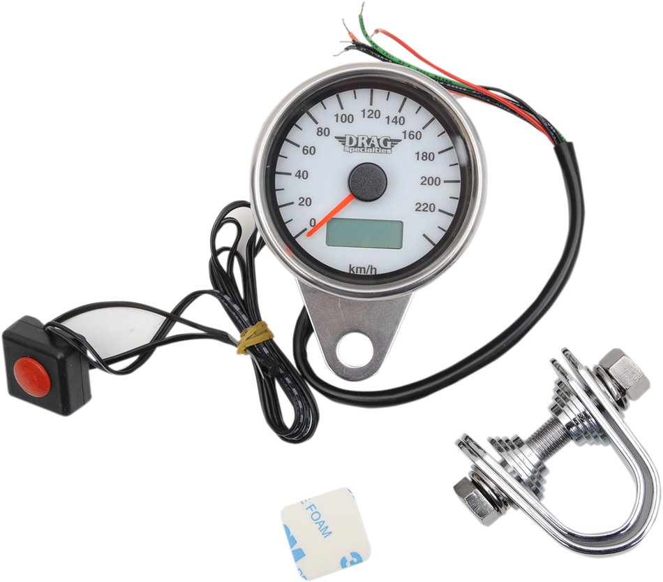 DRAG SPECIALTIES 2,4" KMH programmierbarer elektronischer Mini-Tachometer mit Kilometerzähler/Tageskilometerzähler – Mattschwarz – weißes Zifferblatt 21-6895AWDS