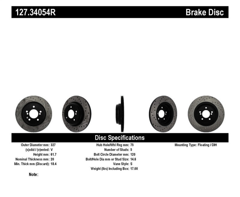 StopTech 00-03 BMW M5 (E39) Slotted & Drilled Right Rear Rotor 127.34054R