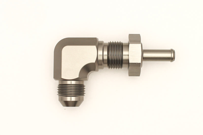 DeatschWerks 8AN Male Flare To 5/16in. Male Barb Bulkhead Adapter 90-Degree (Incl. Nut) 06-02-0713