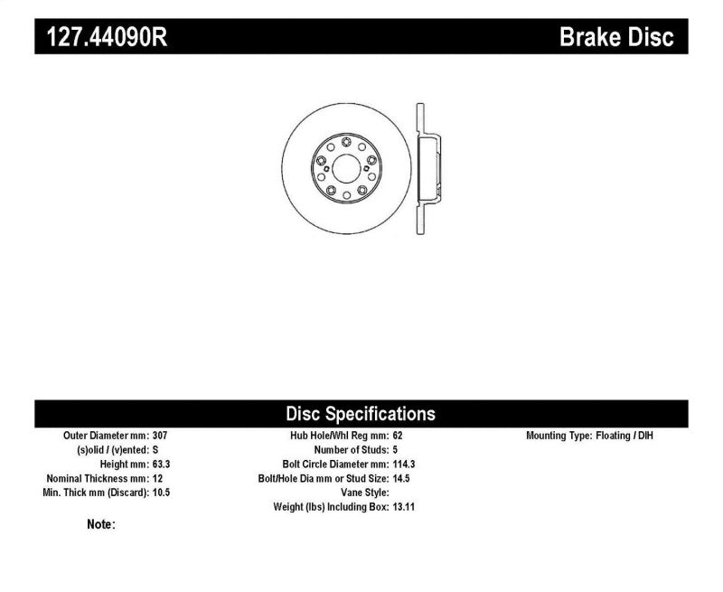 StopTech 00-05 Lexus IS300 / 02-09 Lexus SC430 / 98-05 GS300/GS350/GS400/GS430/GS450H SportStop Slo 127.44090R