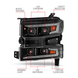 ANZO 19-22 Chevrolet Silverado 1500 LED Proj HL w/Lgt Bar SwBk Seq. Blk w/In. Light - Passenger Side 111566-R