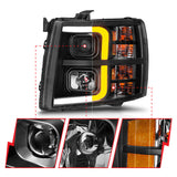 ANZO 2007-2013 Chevrolet Silverado 1500 Projector w/ Light Bar Black Housing w/ Sequential 111545