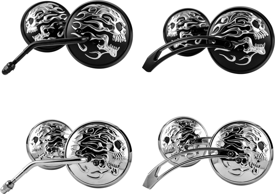 HARDDRIVE Black Flaming Skull Mirror W/Aluminium Stem 270047