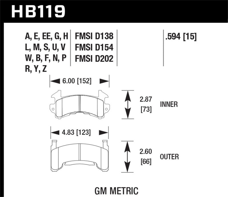 Hawk GM Metric DTC-70 Race Brake Pads w/.0594 Thickness KHB119U.594