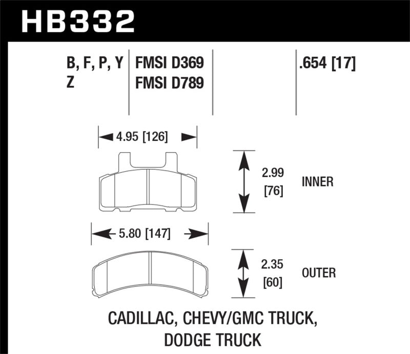 Hawk 99-00 Cadillac Escalade / 88-91 Ford C1500 EC / 92-99 C1500 All Cab Front LTS Street Brake Pads KHB332Y.654